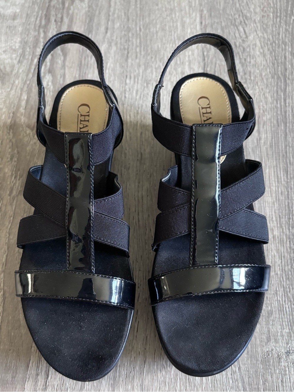 Chaps Black Patent & Elastic Strappy Slingback Sandals